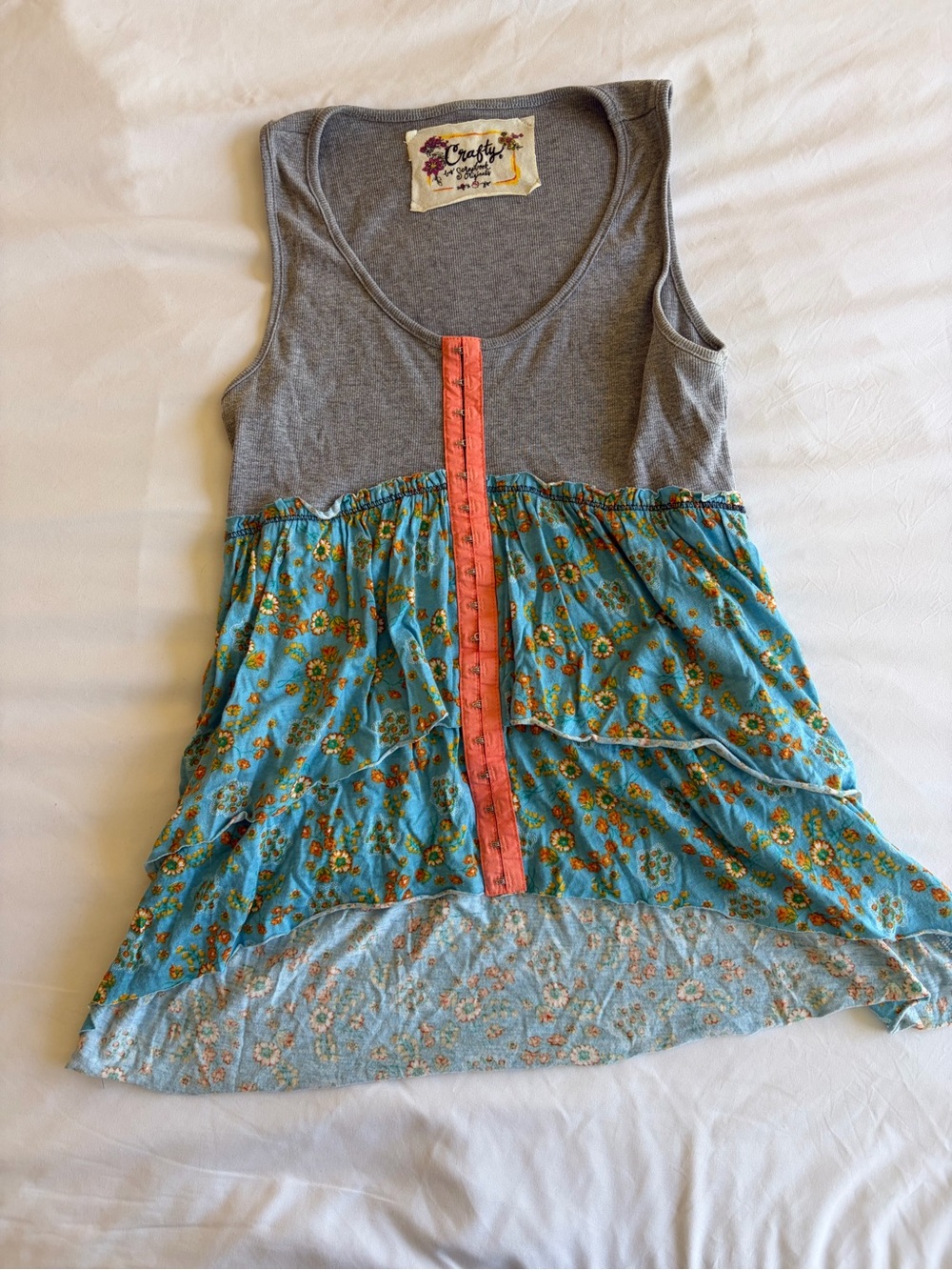 Gray Ribbed Tank Top with Floral Tiers